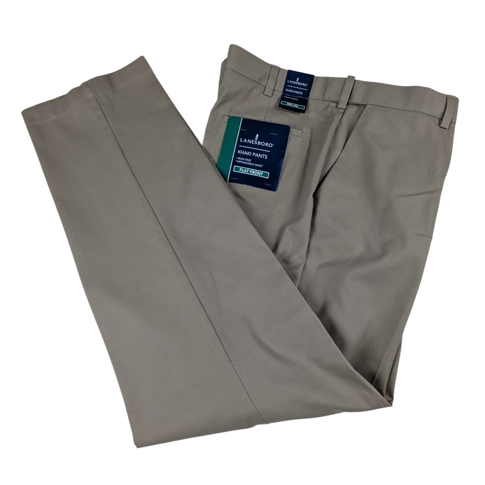 Lanesboro Mens Khaki Pants 38x34‎ Flat Front Iron Free Cotton NWT Classic Preppy